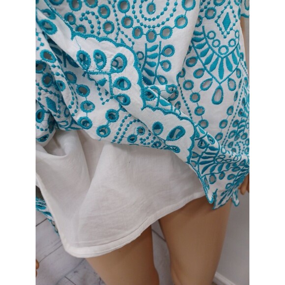 Chicos 2 Top Teal Blue Eyelet Cold Shoulder Short Zig Zag Sleeve Blouse M - Picture 4 of 11